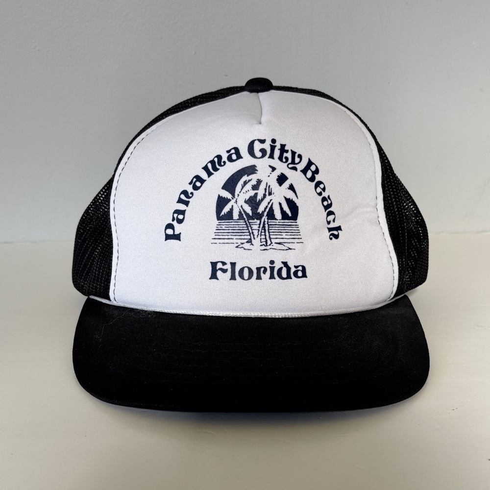Vintage Panama City Beach Florida Trucker Hat Black White Made in Korea